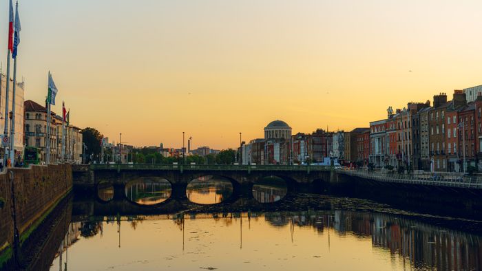 The Four Courts on the Dublin quays at sunset.