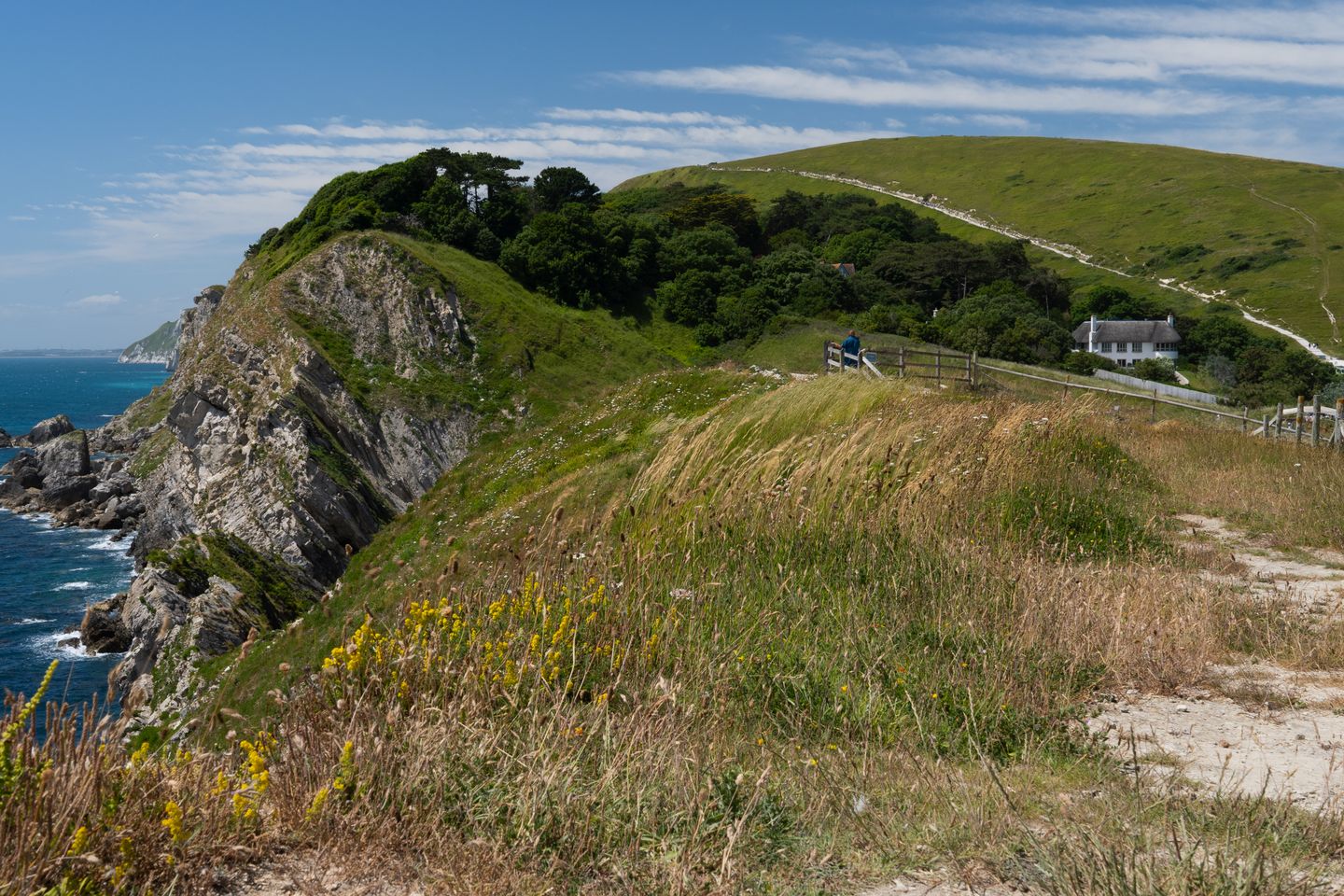 A grassy cliff path above the Dorset coast, the off-season weekend FatFace has been selling for decades.