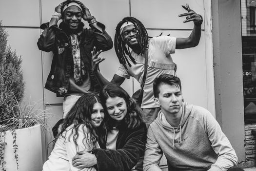 Grayscale Photo of Group Selfie
