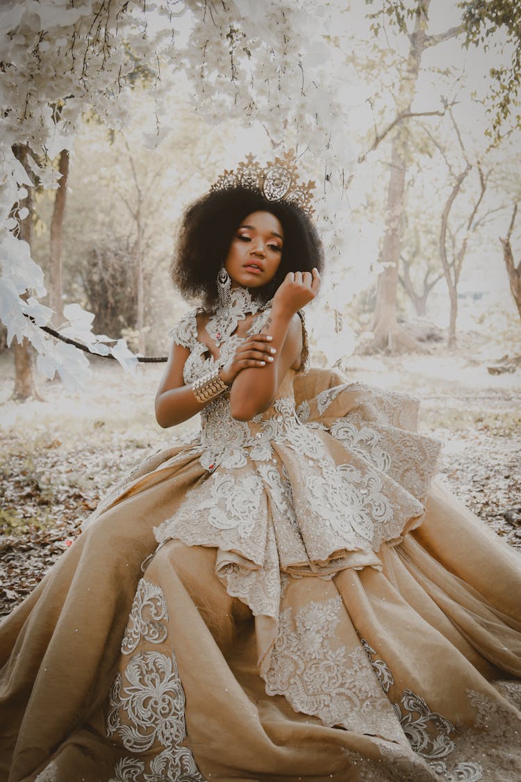 Woman In Brown Wedding Gown And Winter Landscape Background