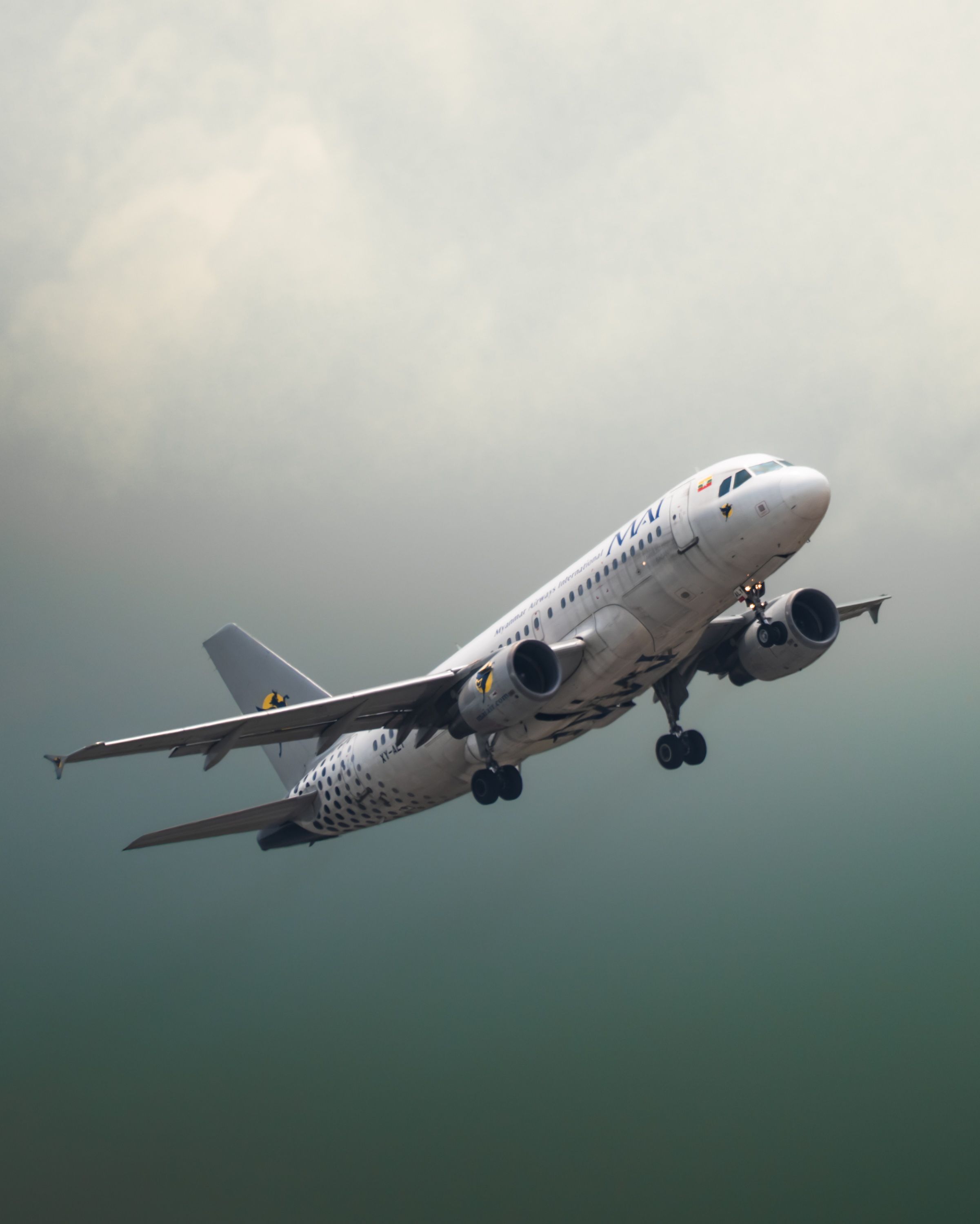 Passenger jet flying through cloudy skies, showcasing modern aviation technology.