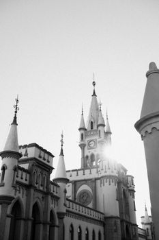 Stunning gothic castle architecture captured in a black and white photograph with sunlight lens flare.