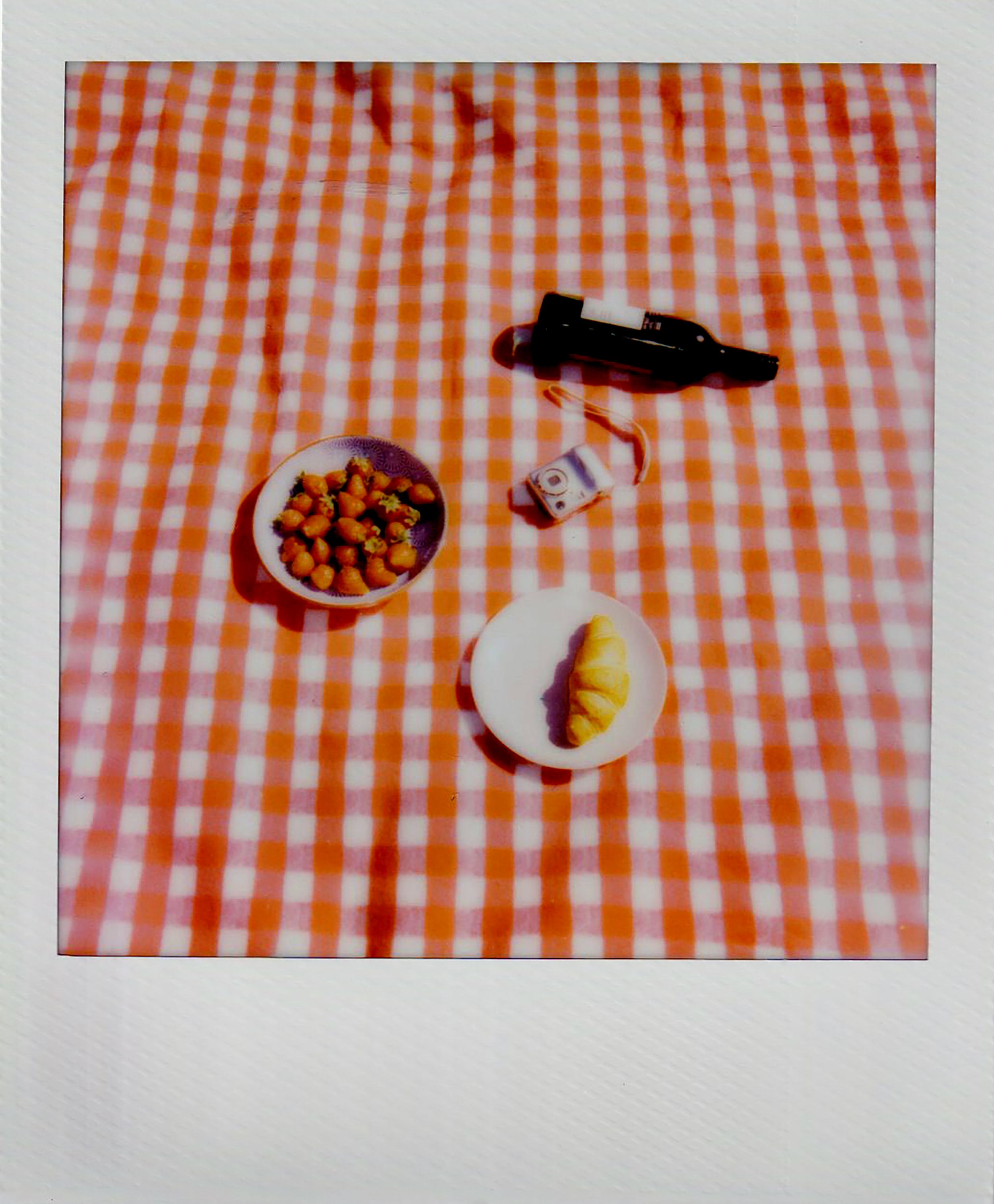 Vintage-style picnic setup with snacks on a gingham blanket, evoking a nostalgic vibe.