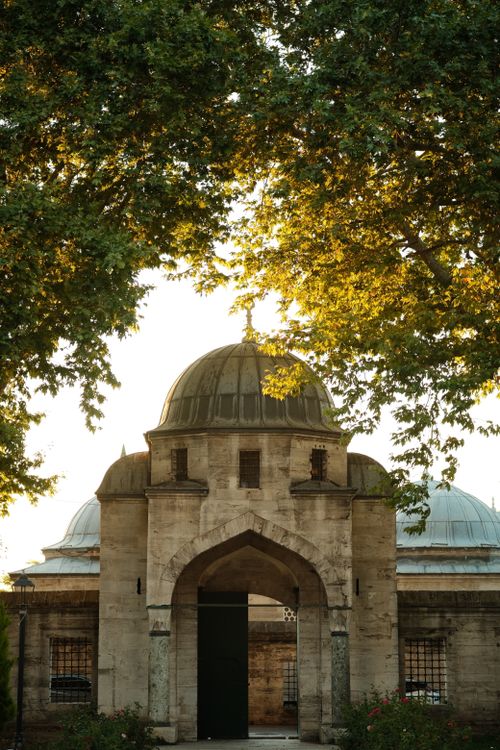 Free A serene view of a historic stone building with a dome, framed by lush green trees. Stock Photo