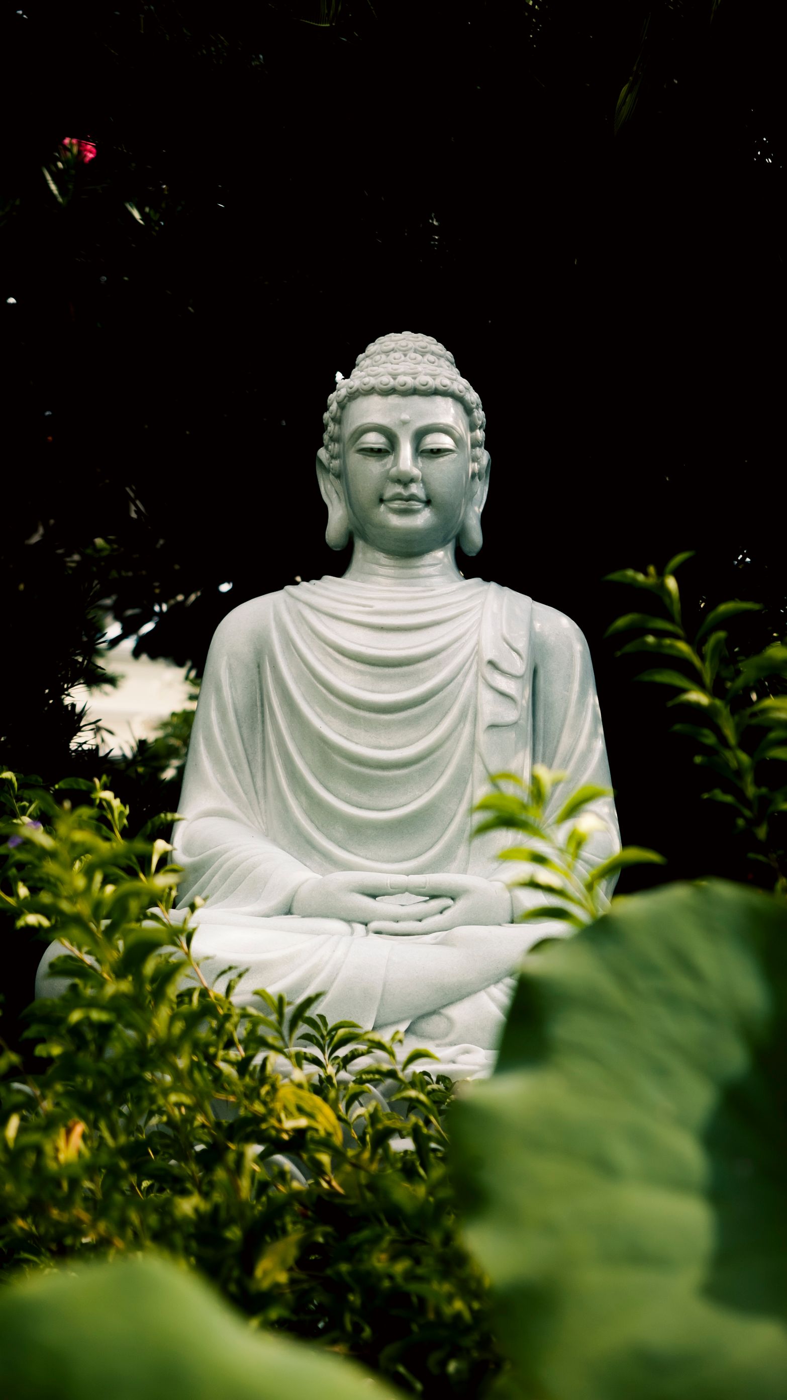 White Buddha statue surrounded by green foliage, symbolizing peace and tranquility in Hồ Chí Minh, Vietnam.
