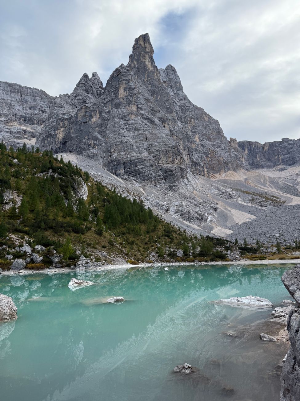 Italian Dolomites mountain lake with turquoise water and dramatic green alpine peaks