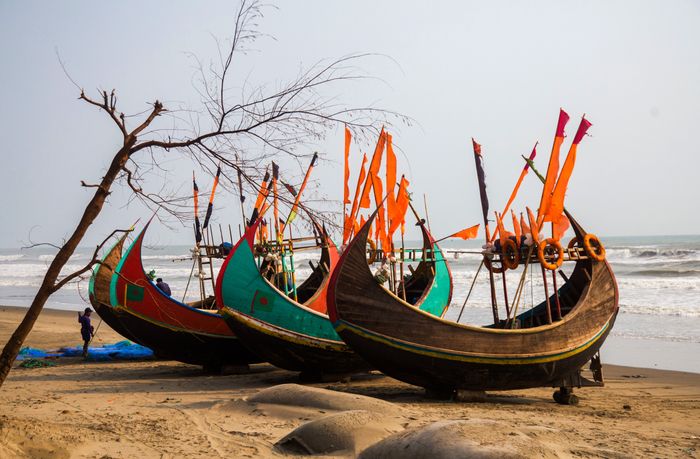 Traditional fishing boats on Cox’s Bazar beach
