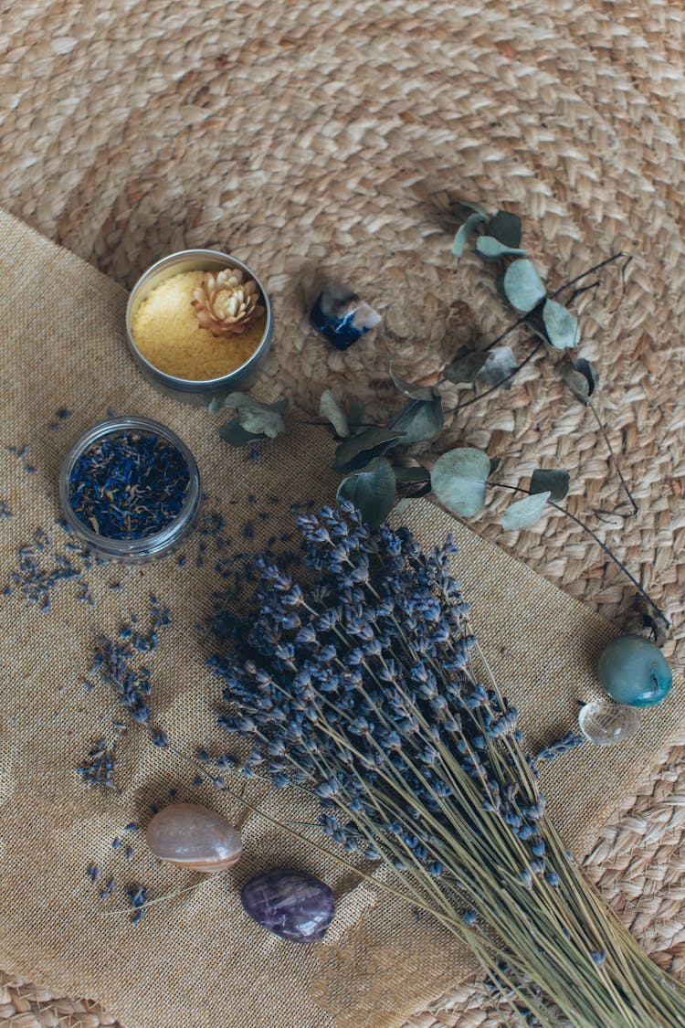 A Lavender Flowers On A Woven Mat