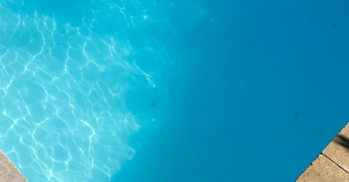 Palmeiras ao redor da piscina Piscina com sombras de palmeiras projetadas sobre os azulejos