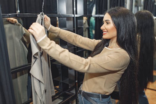 Happy woman in a dressing room holding clothes, enjoying her shopping experience.