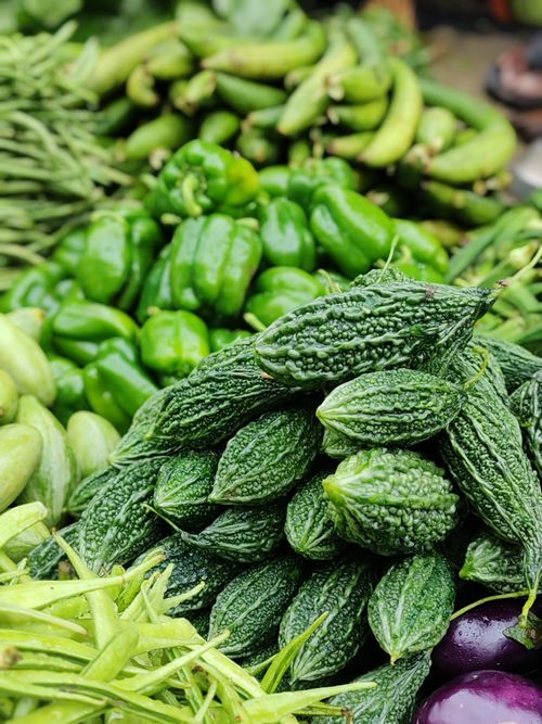 Free Variety of fresh vegetables including bitter gourd, bell peppers, and eggplant at a market in Lucknow, India. Stock Photo