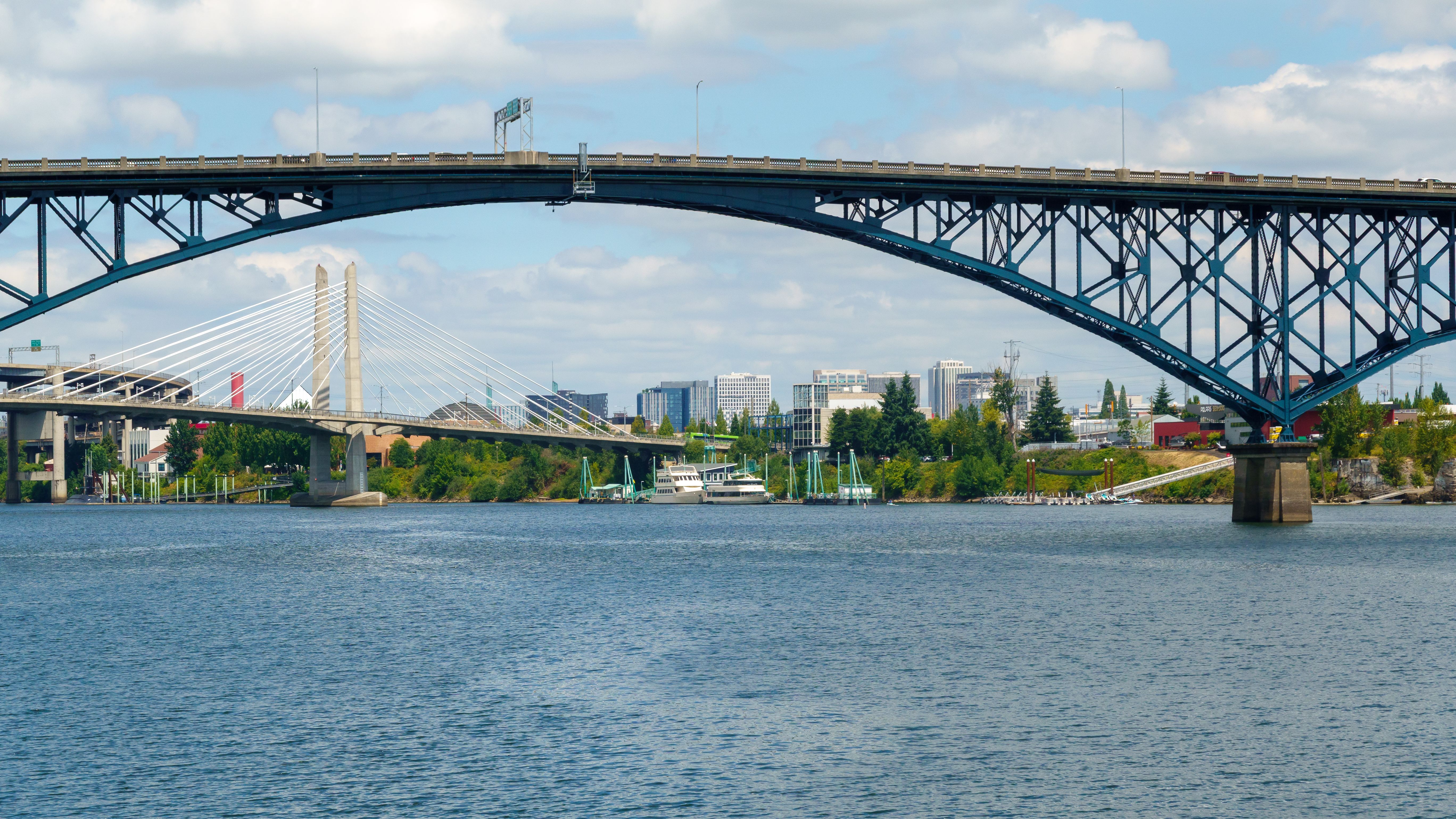 View of Fremont Bridge and Tilikum Crossing in Portland, Oregon across the Willamette River.