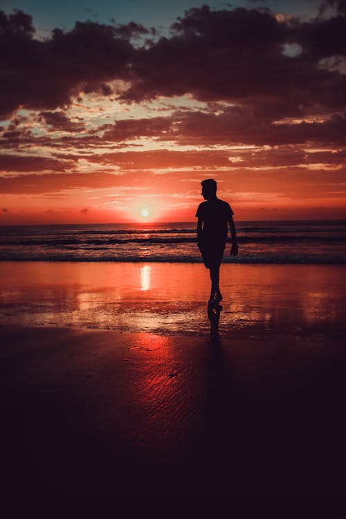 무료 일몰시 해변에 서있는 남자의 실루엣 스톡 사진