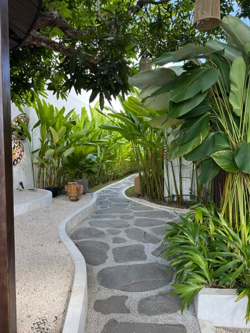Free Discover a serene stone pathway surrounded by lush tropical foliage in Bali. Stock Photo