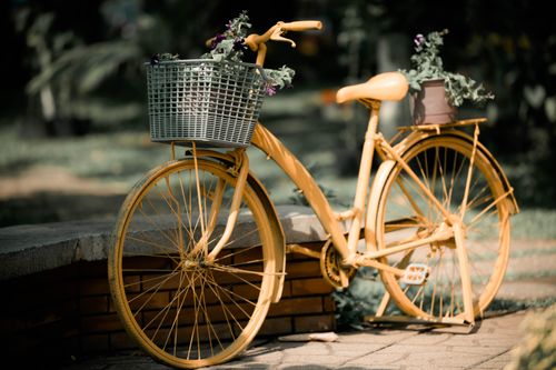 Free A vintage yellow bicycle with a basket of flowers parked on a sunny day outdoors. Stock Photo