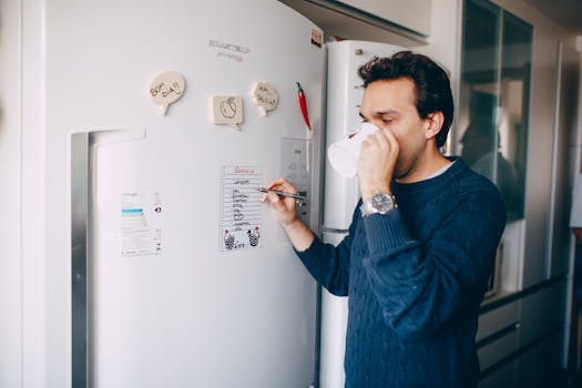 Young man writing reminder on fridge and drinking coffee at home