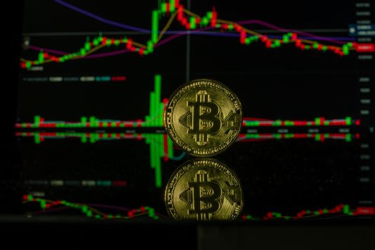 Bitcoin coin against a trading chart background showcasing market trends. Captured in Valencia.