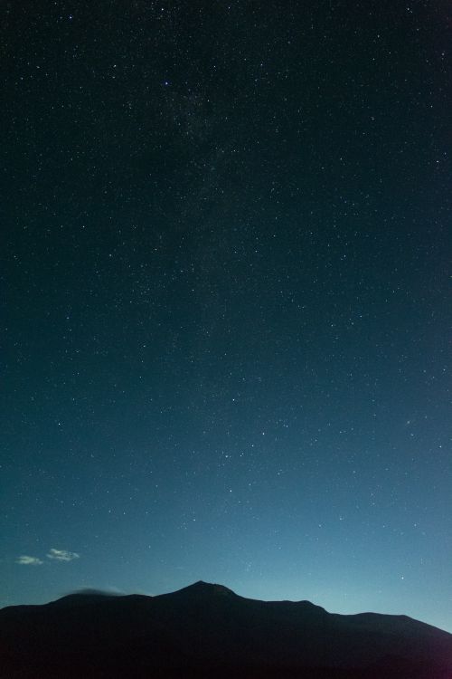 Free A breathtaking view of a clear starry night sky with a silhouette of a mountain. Perfect for travel and nature themes. Stock Photo