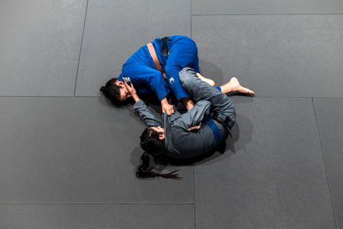 Free Overhead view of two athletes practicing Brazilian Jiu-Jitsu in a Buenos Aires dojo. Stock Photo