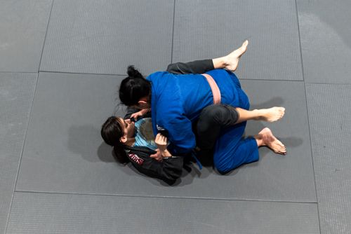 Free Top view of two women practicing Brazilian Jiu-Jitsu on a mat in Buenos Aires. Stock Photo