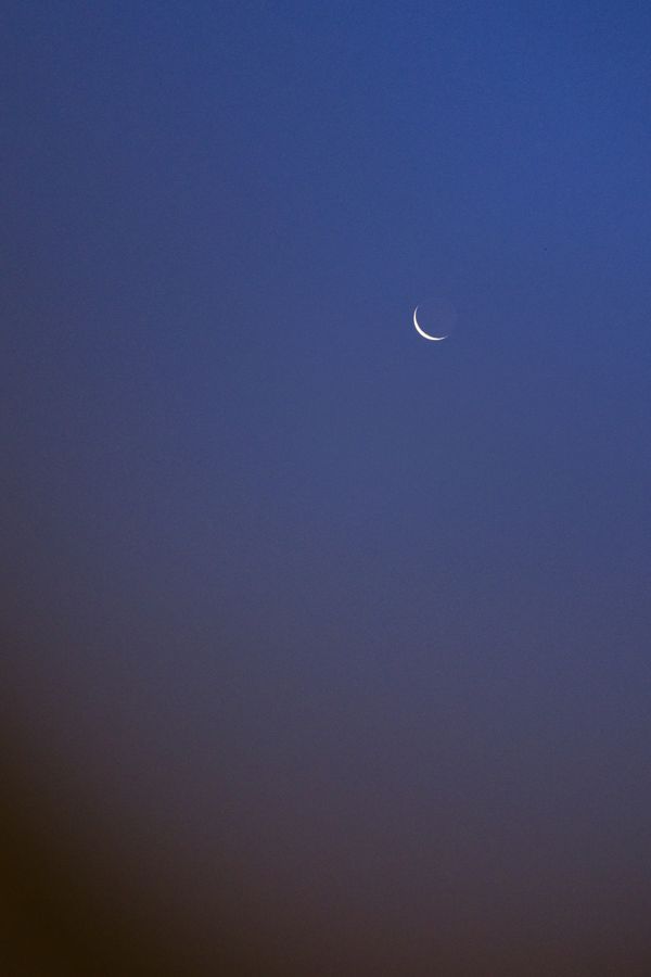 Fin croissant de lune brillant dans un ciel bleu crépusculaire vertical
