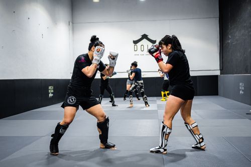 Free Female martial artists engaged in a sparring session at a dojo in Buenos Aires, Argentina. Stock Photo