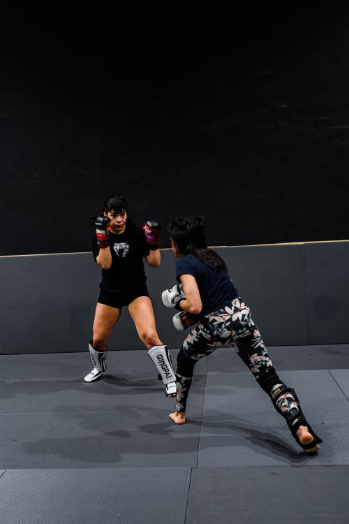 Free Two women practicing mixed martial arts in a gym setting in Buenos Aires, showcasing skill and technique. Stock Photo