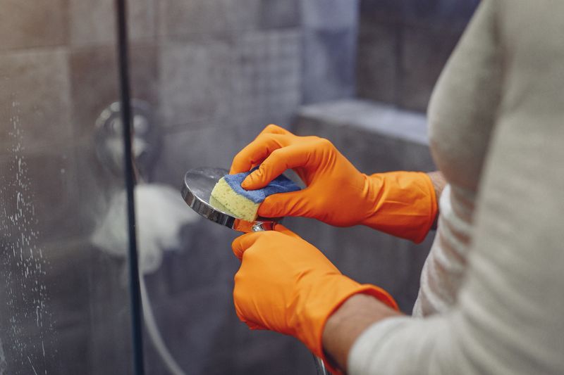 Person cleaning a shower head with rubber gloves to remove hard water limescale