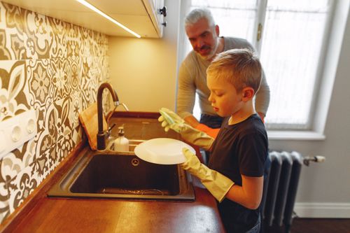 Free Side view of grey haired father with beard and son dishwashing at kitchen Stock Photo