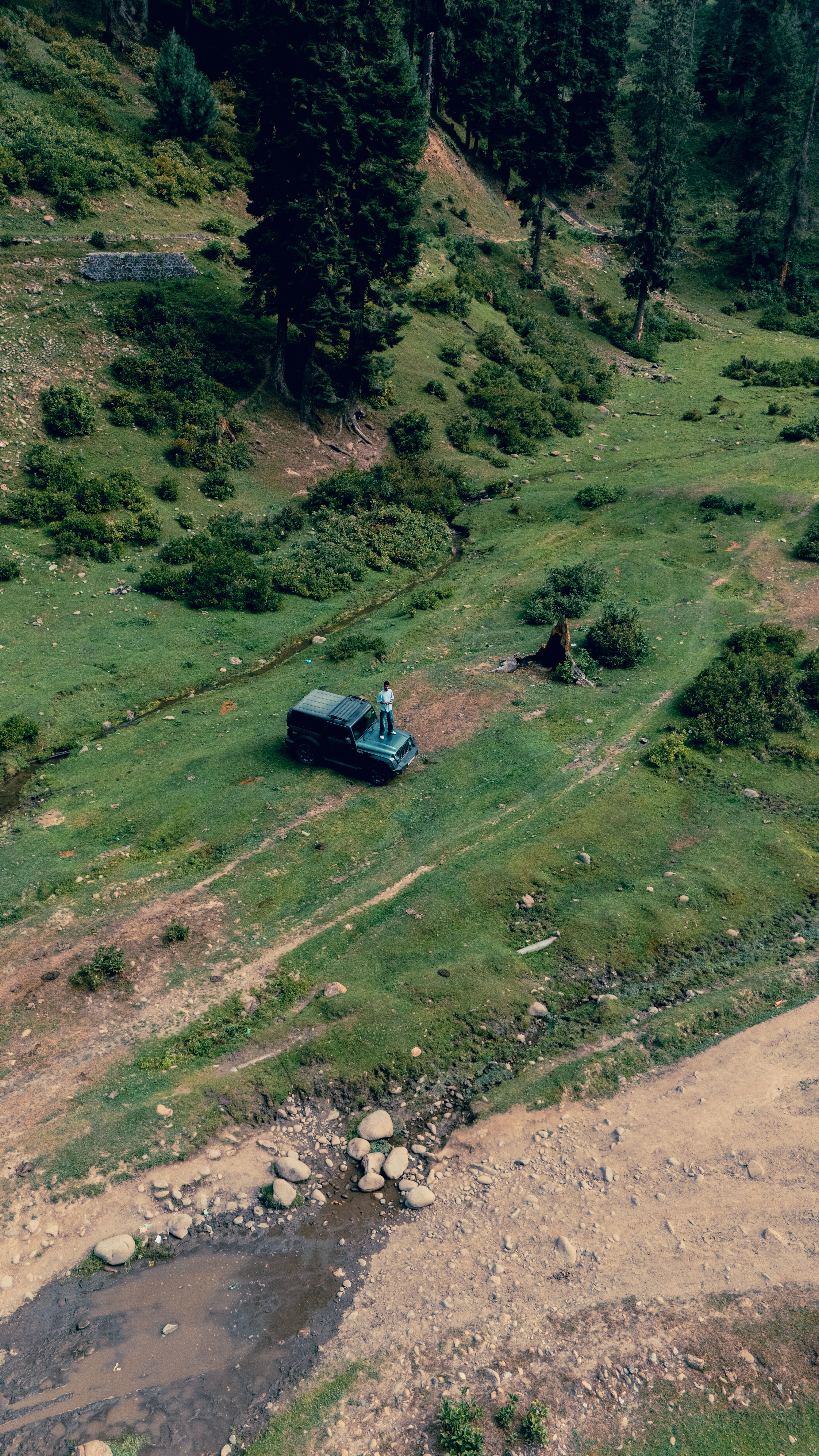 Aerial view of a remote Himalayan terrain with lush greenery and a lone vehicle, capturing natural wilderness.