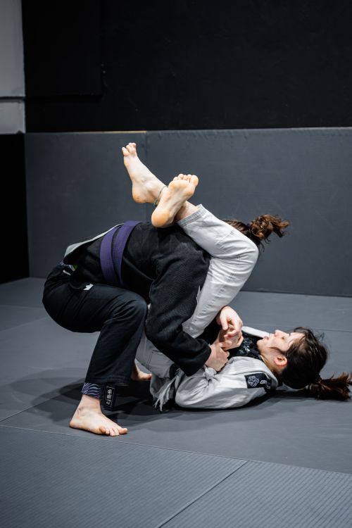 Free Two martial artists engage in a dynamic Brazilian Jiu-Jitsu sparring session indoors. Stock Photo