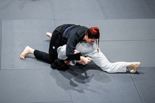 Free Two adults practicing martial arts on a mat, showcasing technique and focus. Stock Photo