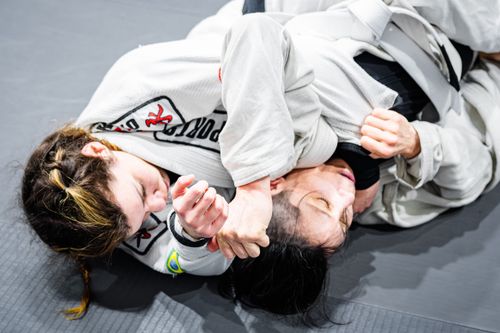 Free Two adults in a dynamic Brazilian Jiu-Jitsu grappling session on the mat, showcasing skill and technique. Stock Photo