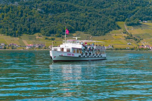 Free Beautiful boat 'Stadt Biel' cruising Lake Biel with vineyards and hills in the backdrop. Stock Photo