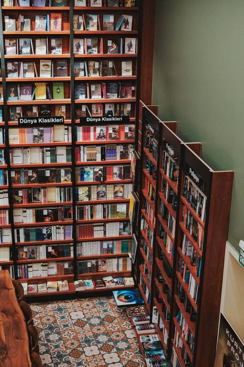 Free Interior of a quaint bookstore with wooden shelves filled with classic literature. Stock Photo
