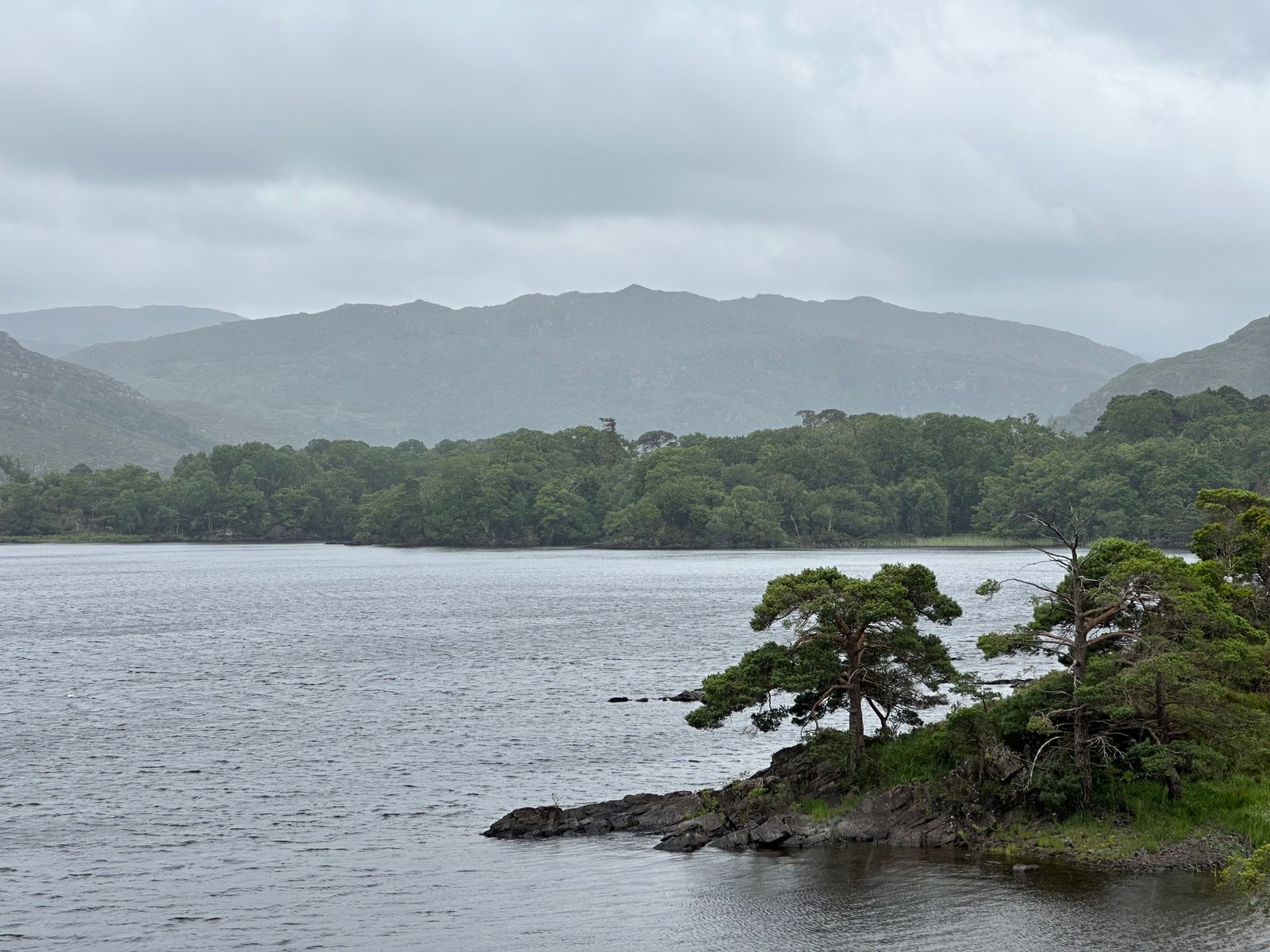 Scene of a lake surrounded by greenery and mountains in Killarney National Park