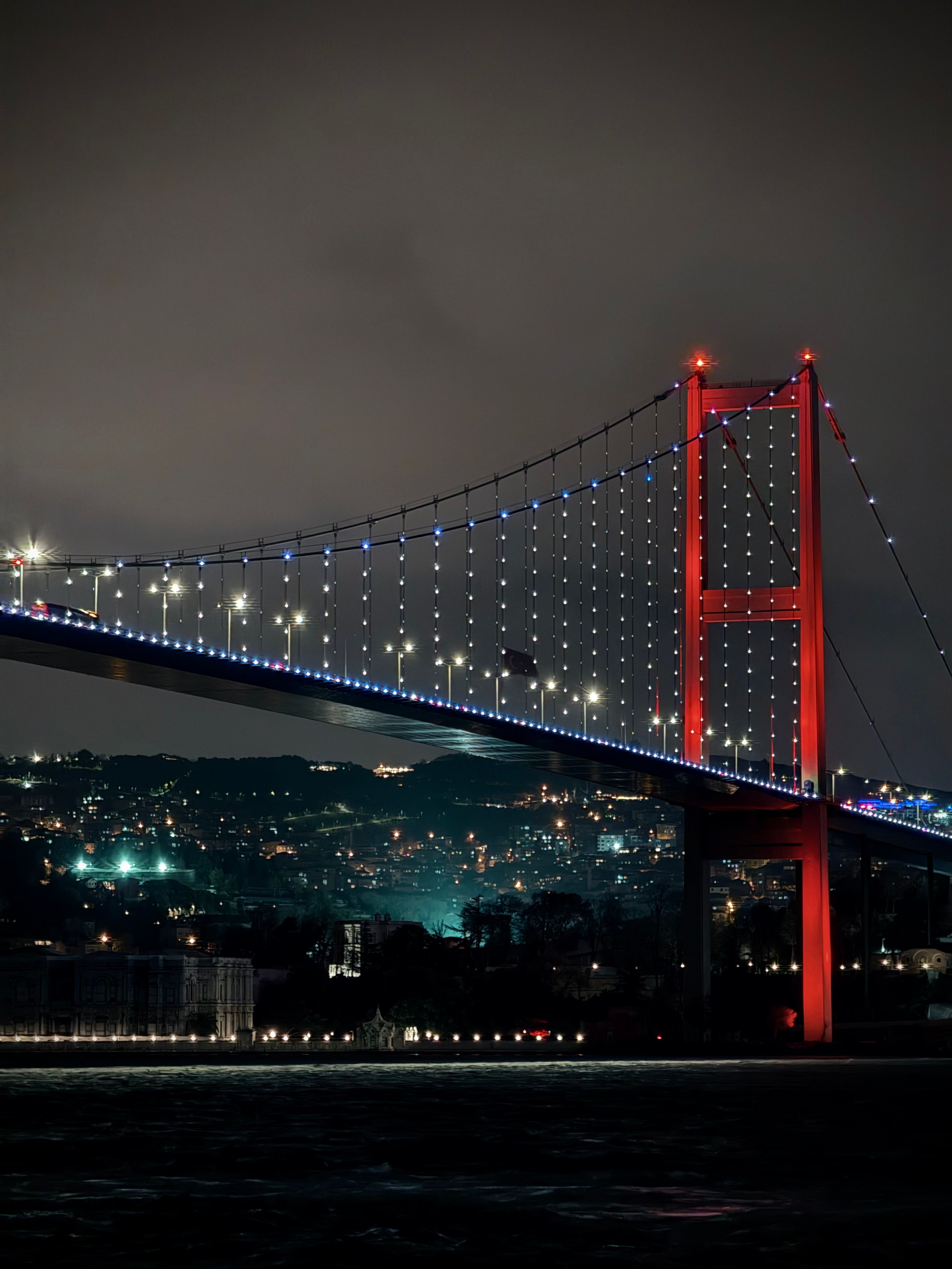 Stunning night view of the Bosphorus Bridge in Istanbul with illuminated lights and vibrant colors.