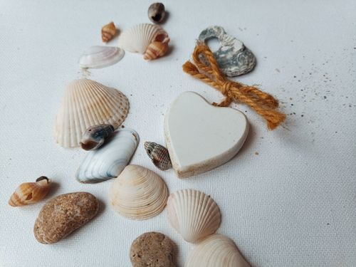 Free Arrangement of seashells and a heart-shaped decoration on canvas, conveying a coastal vibe. Stock Photo