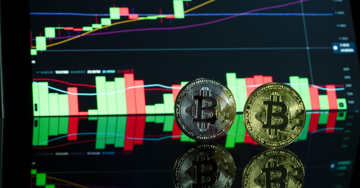 Abstract editorial data-visualization illustration in crimson, downward-flowing tones representing BTC and the broader cryptocurrency market — crypto scenario analysis.