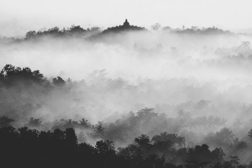 Free Captivating view of Borobudur Temple in a foggy morning landscape, Central Java. Stock Photo
