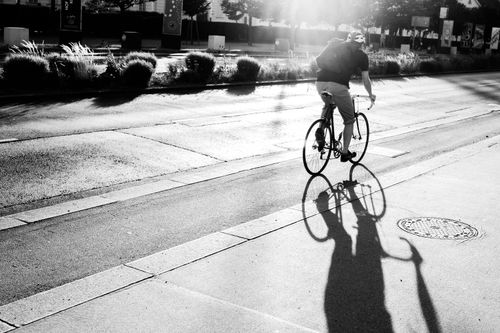 Free A cyclist in motion casting a shadow on a sunlit city street, black and white. Stock Photo