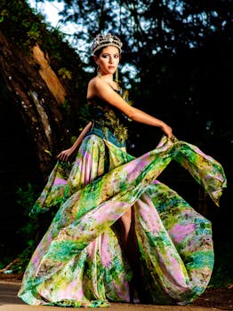 An elegant woman poses in a vibrant, floral evening gown and crown, outdoors.