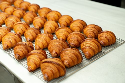 Free Golden brown croissants arranged neatly on a cooling rack, showcasing their flaky texture. Stock Photo