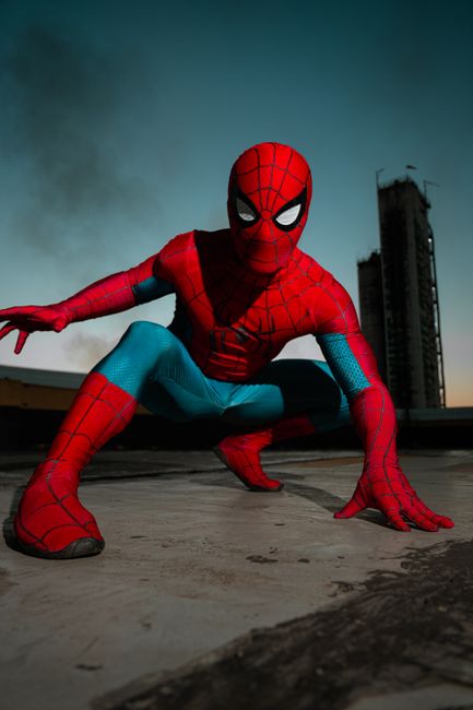 A costumed superhero poses dramatically on a rooftop at dusk.