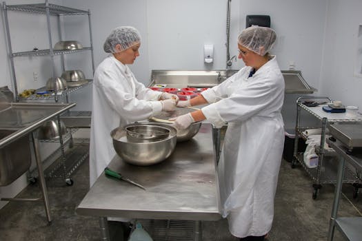 在专业的厨房环境中，两名身穿白外套、戴着发网的妇女正使用不锈钢碗