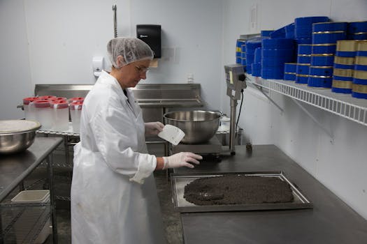 Woman in kitchen preparing caviar with gloves and hair net, ensuring hygiene.