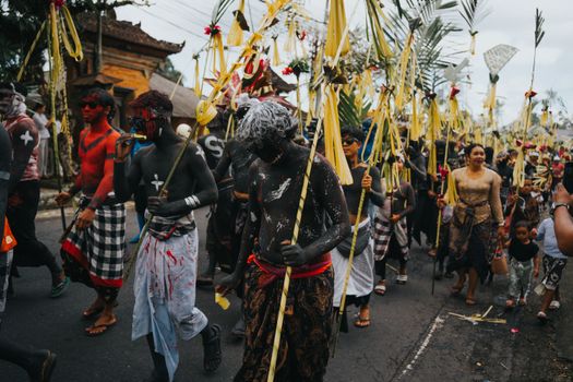 Participants in traditional Balinese attire during the Ngerebeg festival parade, showcasing cultural rituals and vibrant costumes.
