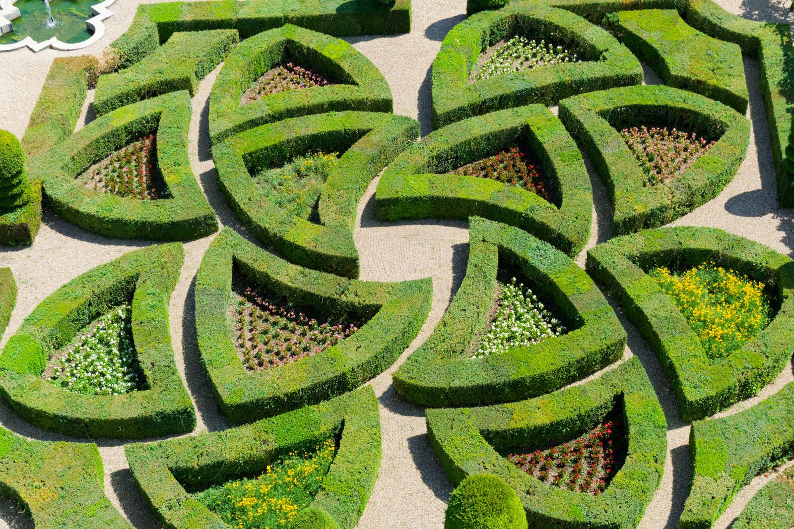 Vue aérienne des jardins aux motifs soignés du château de Villandry