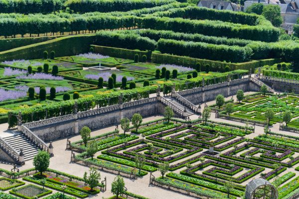 Vue aérienne des parterres élaborés des jardins de Villandry