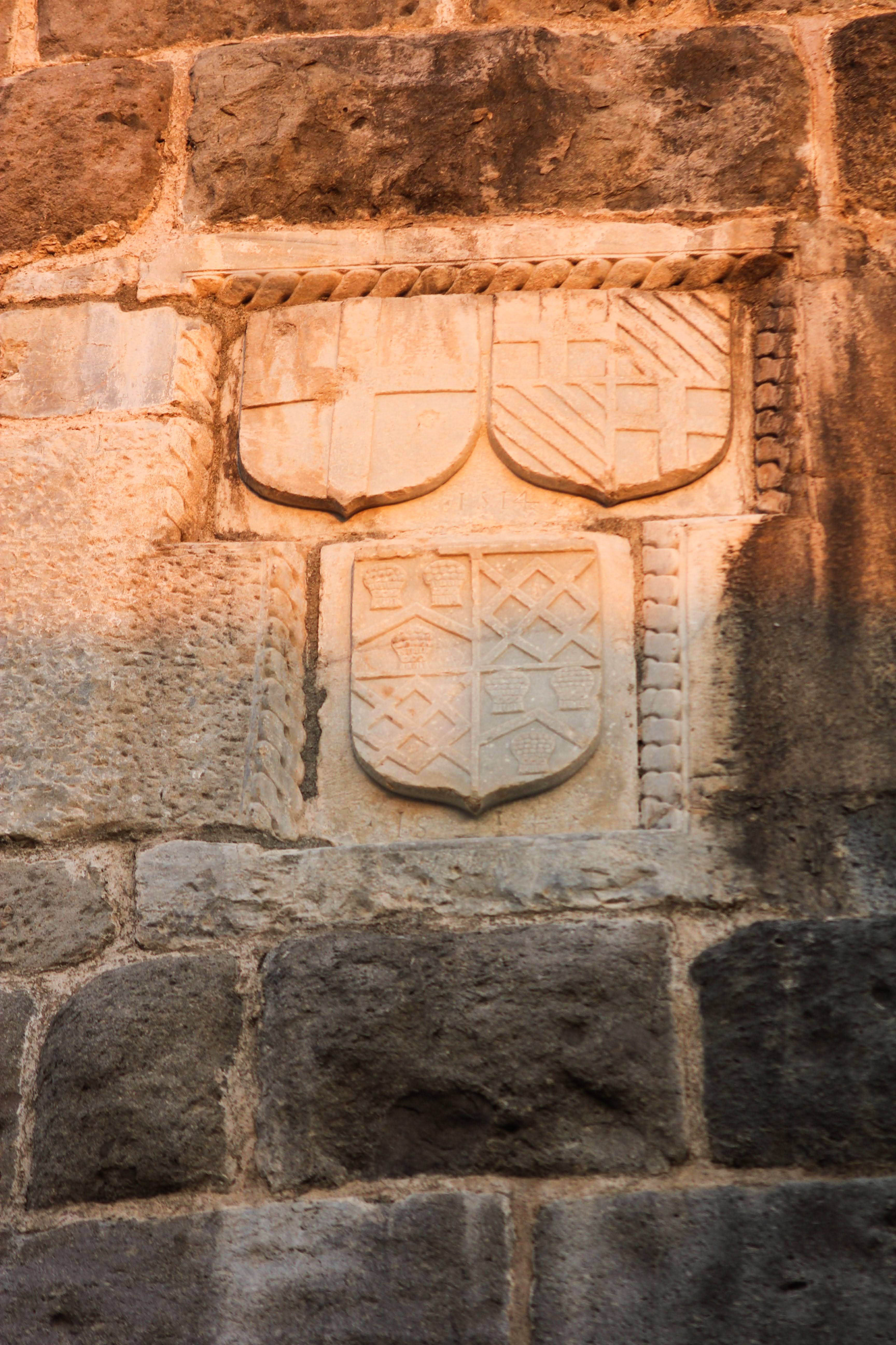 Close-up of a stone wall with intricately carved shields basking in warm light.